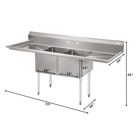 72 in. 18-Gauge 2-Compartment Commercial Sink with Backsplash and Dual 18 in. Drainboards, Bowl Dimensions 18"x18"x14" in Stainless-Steel (KM-SB181814-18B3)