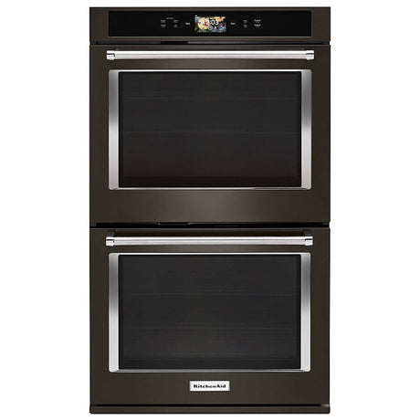 KitchenAid KODE900HBS black stainless double wall oven front view