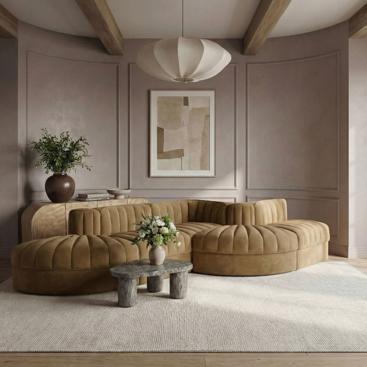 Rummi - Rounded Velvet Performance Fabric Upholstered 5 Piece Modular Sectional