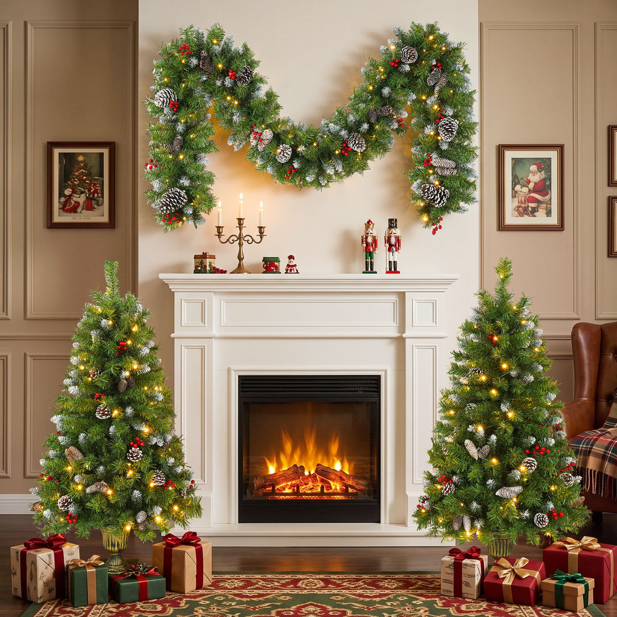 Pre Lit Artificial Christmas Tree Set With LED Lights, 3 Piece Garland And Entrance Trees, Warm Lighting, Indoor Use Only - Green