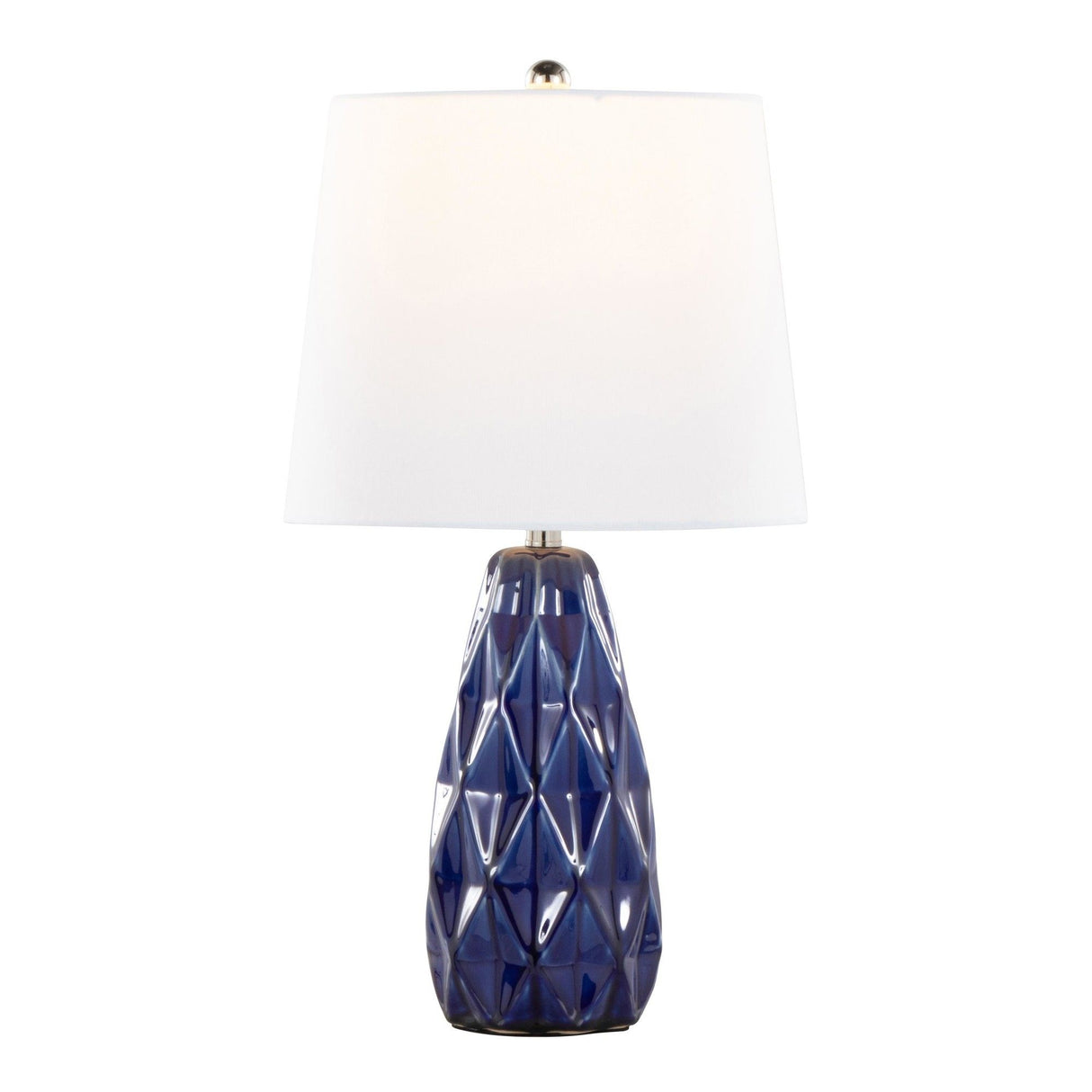 Hex - Contemporary Ceramic Accent Lamp (Set of 2) - Estate Blue Ceramic, Polished Nickel And White Linen Shade From Grandview Gallery