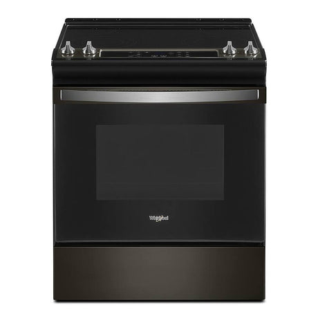 Whirlpool WEE515S0LV black stainless electric range front view