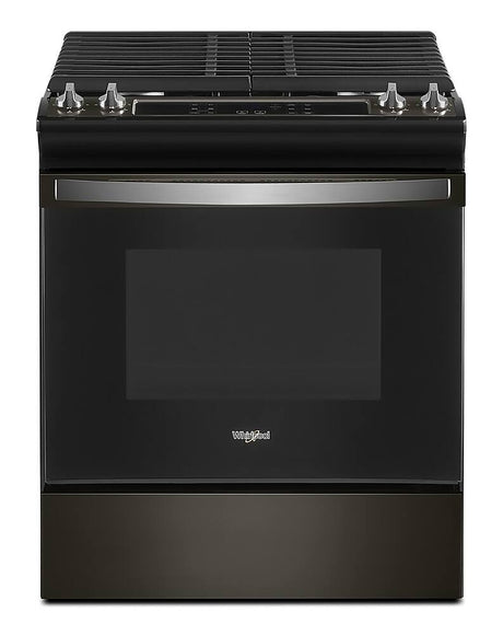 Whirlpool WEG515S0LV black stainless gas range front view