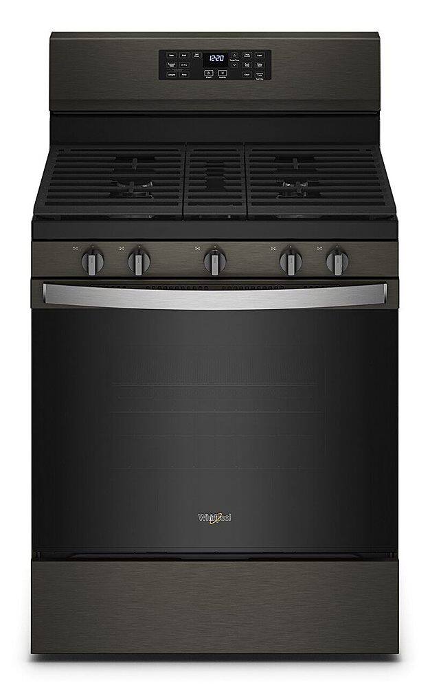 Whirlpool WFG550S0LV black stainless gas range front view