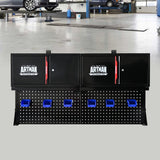 Wall Mounted Double Door Storage Cabinet With Tool Rack And Hooks, Stainless Steel - Black / Red