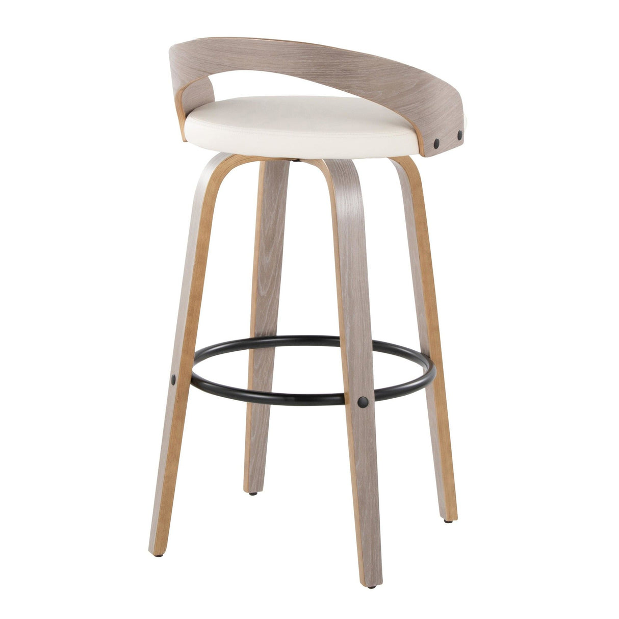 Grotto - Fixed-Height Barstool (Set of 2) - Light Gray Wood, Black Metal, White Faux Leather