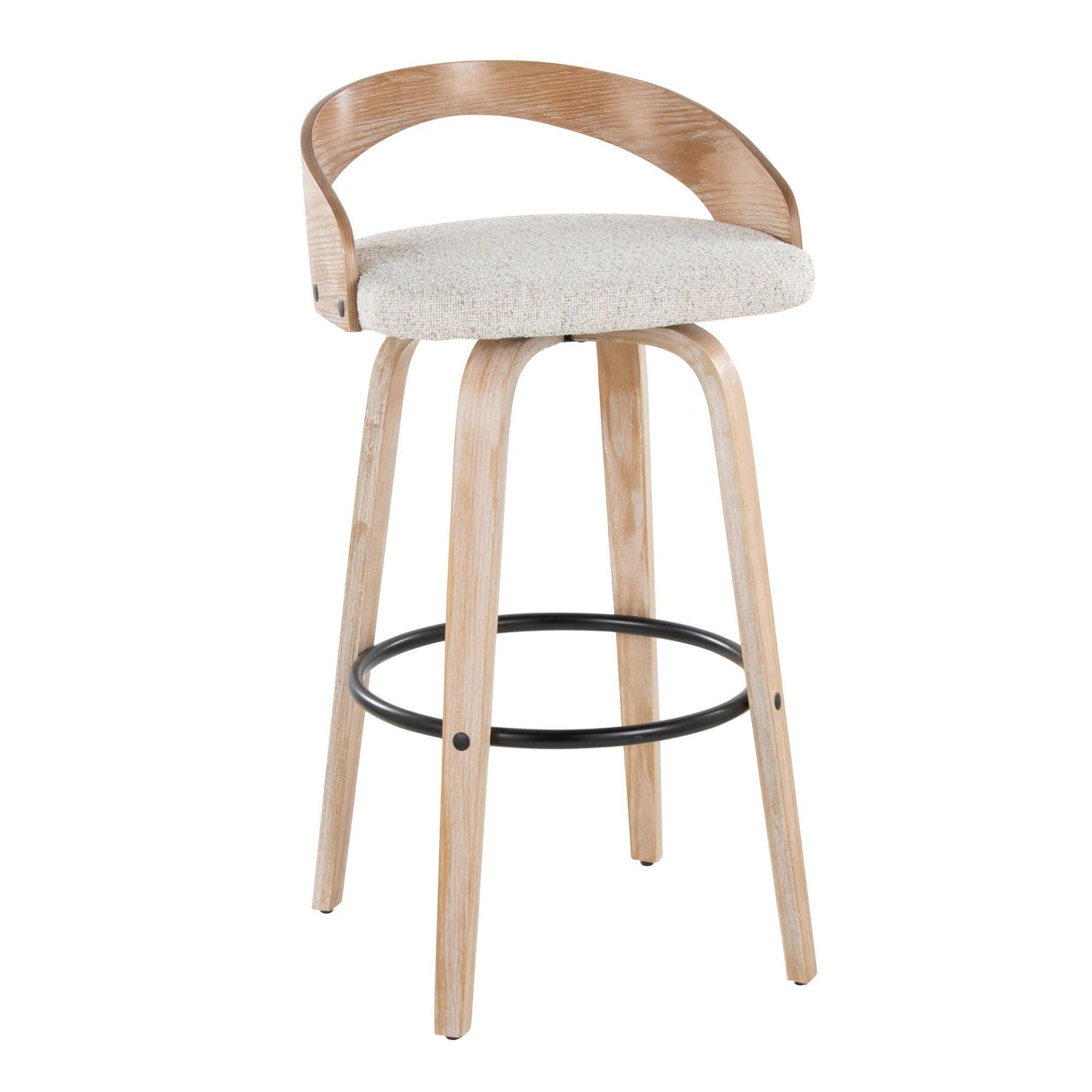 Grotto - 30" Fixed-Height Barstool With Swivel And Round Black Metal Footrest (Set of 2) - White Washed Wood And Oat Fabric