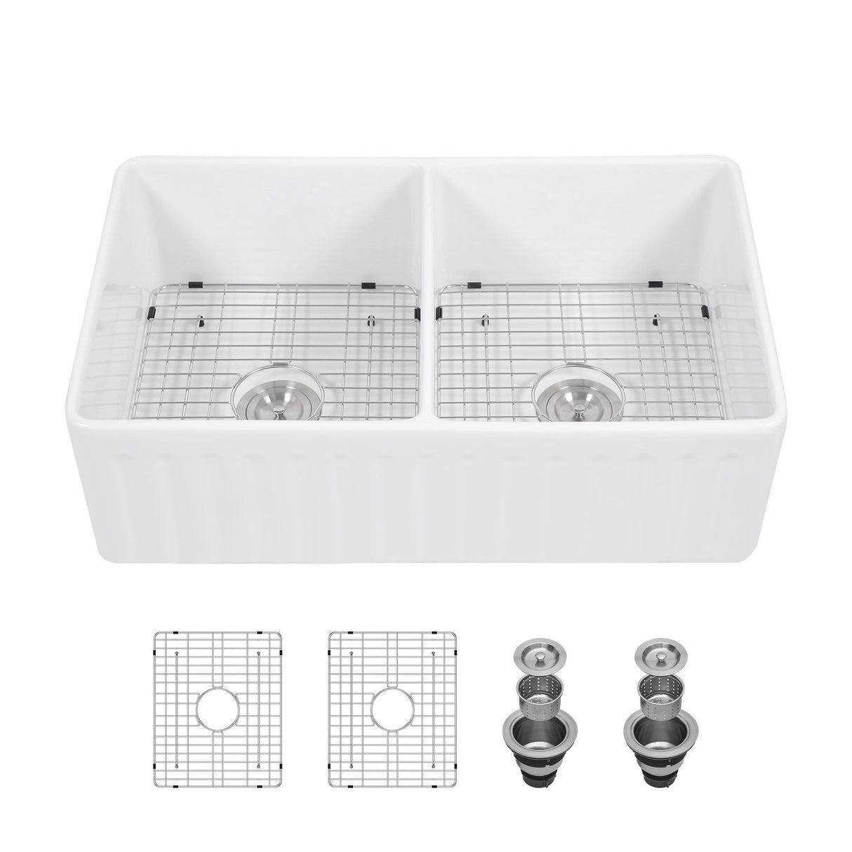 Sink 33" Double Bowl Kitchen Sink With Deep Bowls And Grids - White
