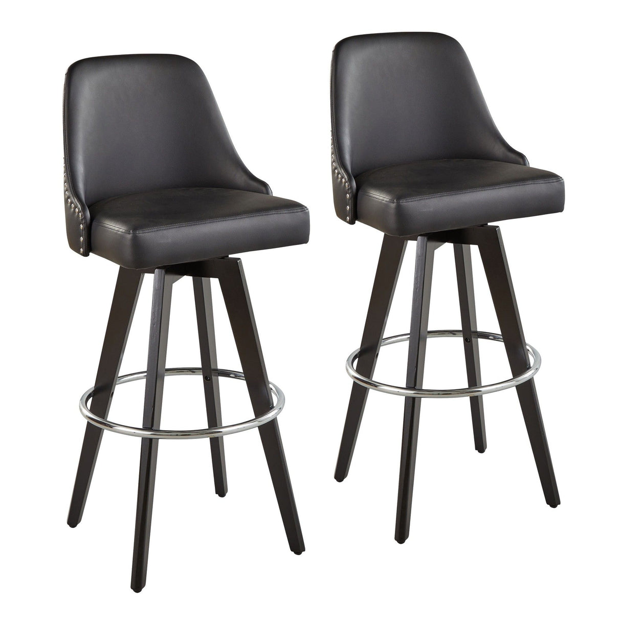 Studded - Marcel Fixed-Height Barstool (Set of 2) - Black Wood, Black Faux Leather, Chrome Metal