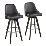 Studded - Marcel Fixed-Height Barstool (Set of 2) - Black Wood, Black Faux Leather, Chrome Metal