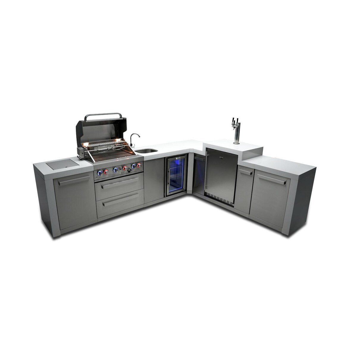Mont Alpi Deluxe Series 11.5 Ft L-Shaped Propane Outdoor Kitchen Island w/ Side Burner, Beverage Center & Kegerator - MAi400-D90KEGBEV