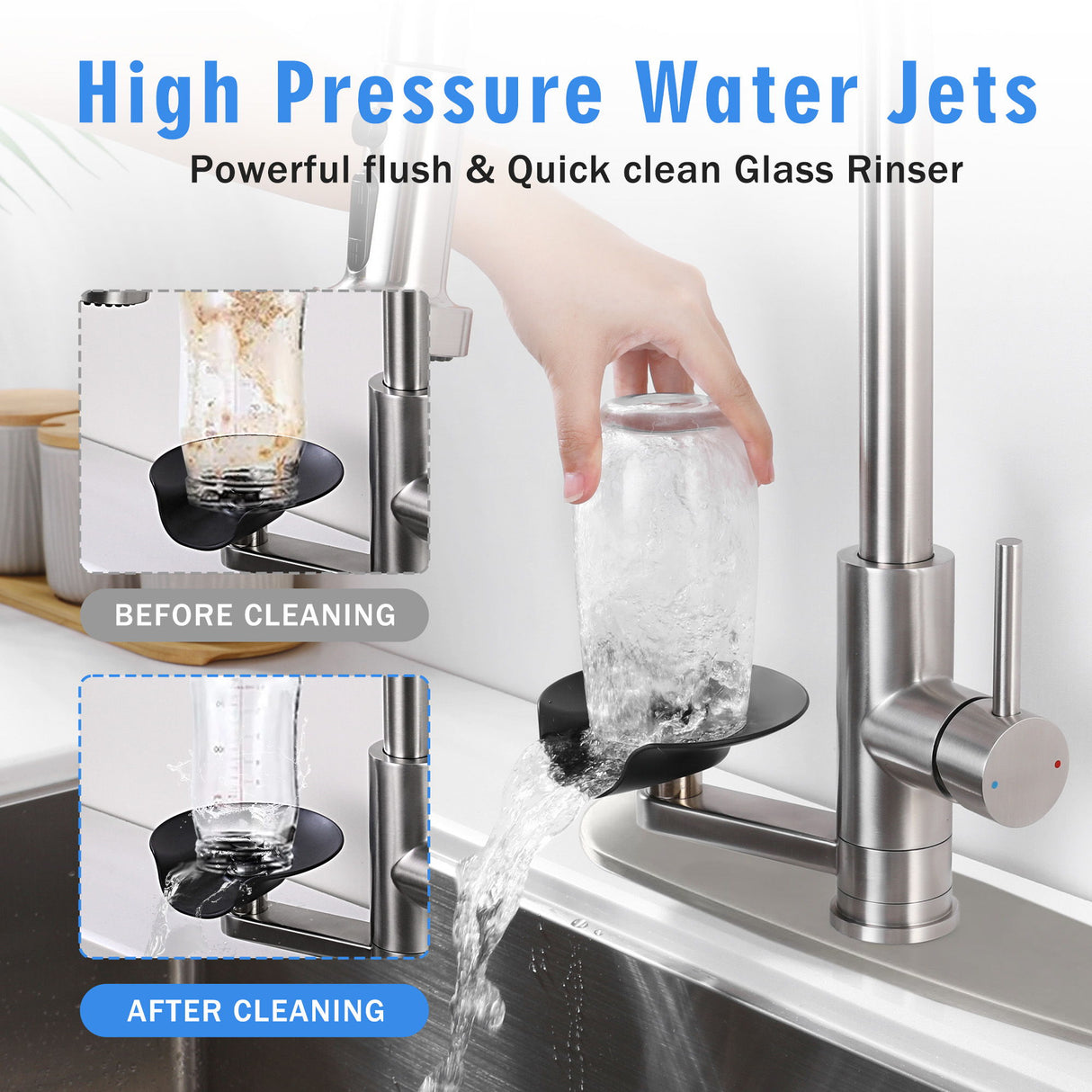 3 In 1 Kitchen Faucet With Press Type Glass Rinser, High Arc Pull Down Sprayer