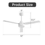52" Ceiling Fan With Remote Control, 3 Blades, DC Motor, 6 Speed Reversible For Living Room - White