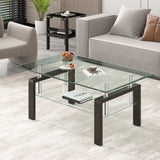 Tempered Clear Glass Coffee Table, 2-Layers Coffee Table Living Room Center Table - Black
