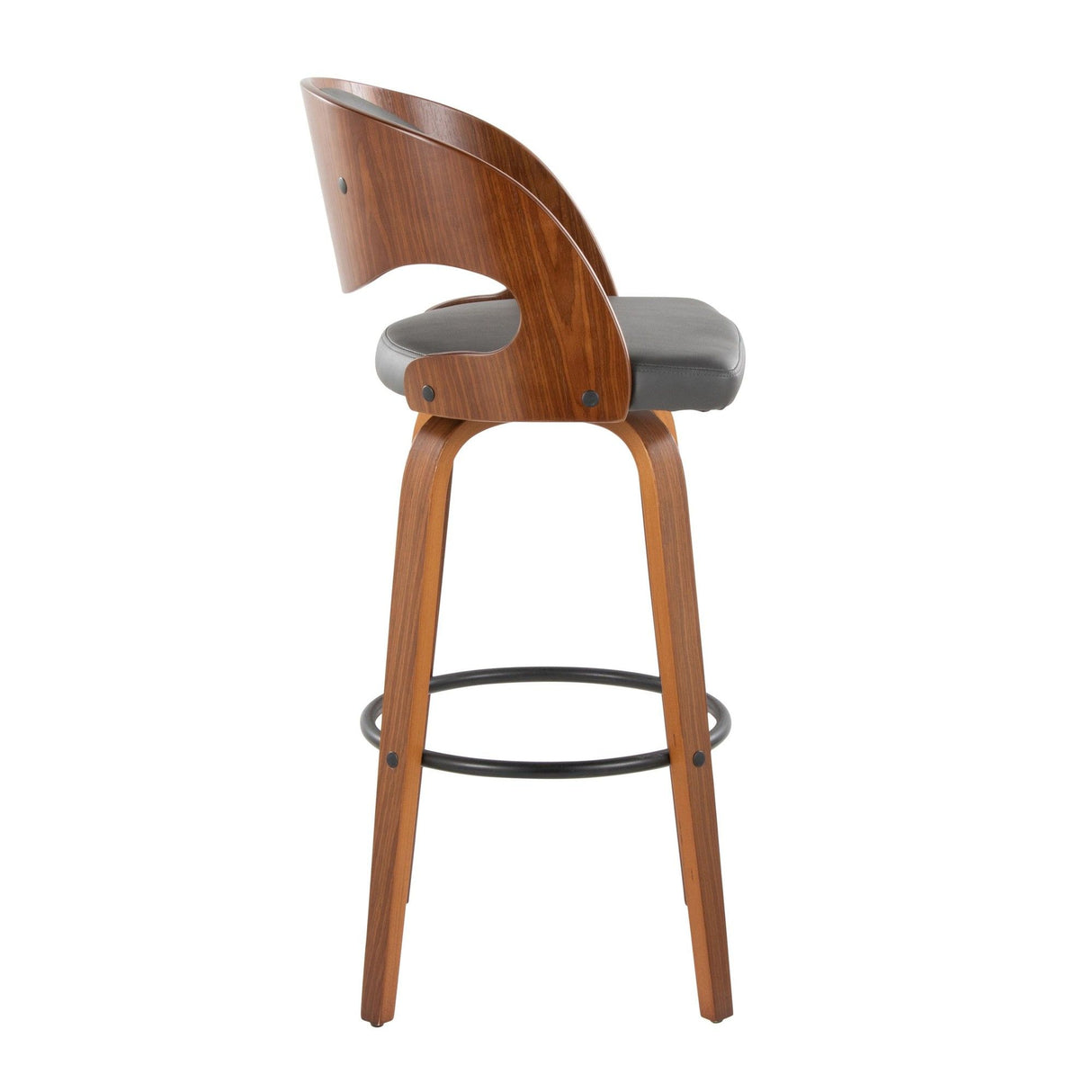 Pino - Mid-Century Modern Fixed-Height Swivel Barstool (Set of 2) - Walnut Wood And Gray Faux Leather With Round Black Metal Footrest