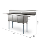 75 in Three Compartment Commercial Sink, Bowl Size 15x15x14, 16 Gauge Stainless-Steel with 2 Drainboards (KM-SC151514-15B316)