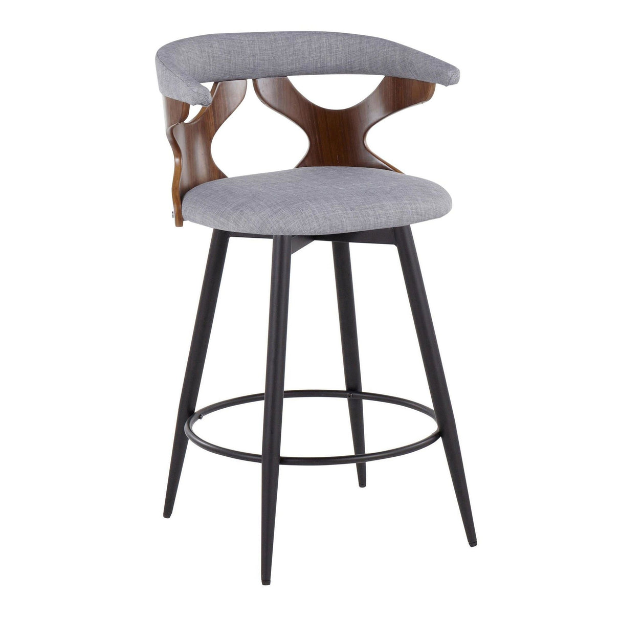 Gardenia - 25" Fixed-Height Counter Stool With Swivel And Rounded Black Metal Footrest (Set of 2) - Black Metal, Walnut Wood