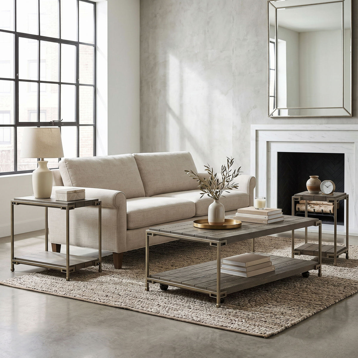 Corbeta - 3 Piece Metal Frame Wood Living Room Coffee Table And 2 Chairside Tables Set, Aged Graphite - Brown