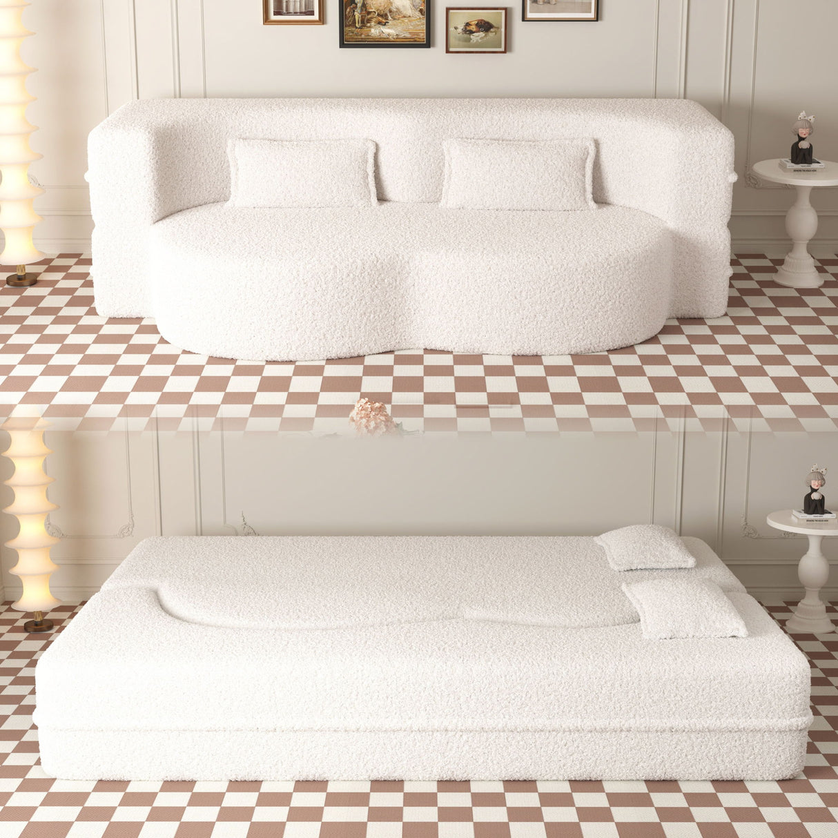 Modern Floor Sofa, With 2 Pillows, Convertible Teddy Fabric Foam Filled Bed