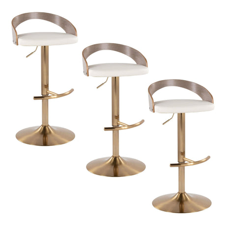 Grotto - Adjustable Barstool (Set of 3) - Gold Metal, Light Gray Wood