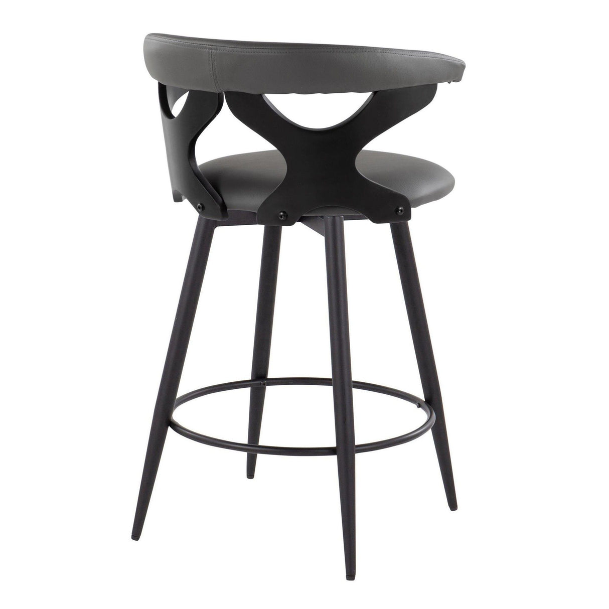 Gardenia - 25" Fixed-Height Counter Stool With Swivel And Rounded Black Metal Footrest (Set of 2) - Black Metal, Black Wood And Gray Faux Leather
