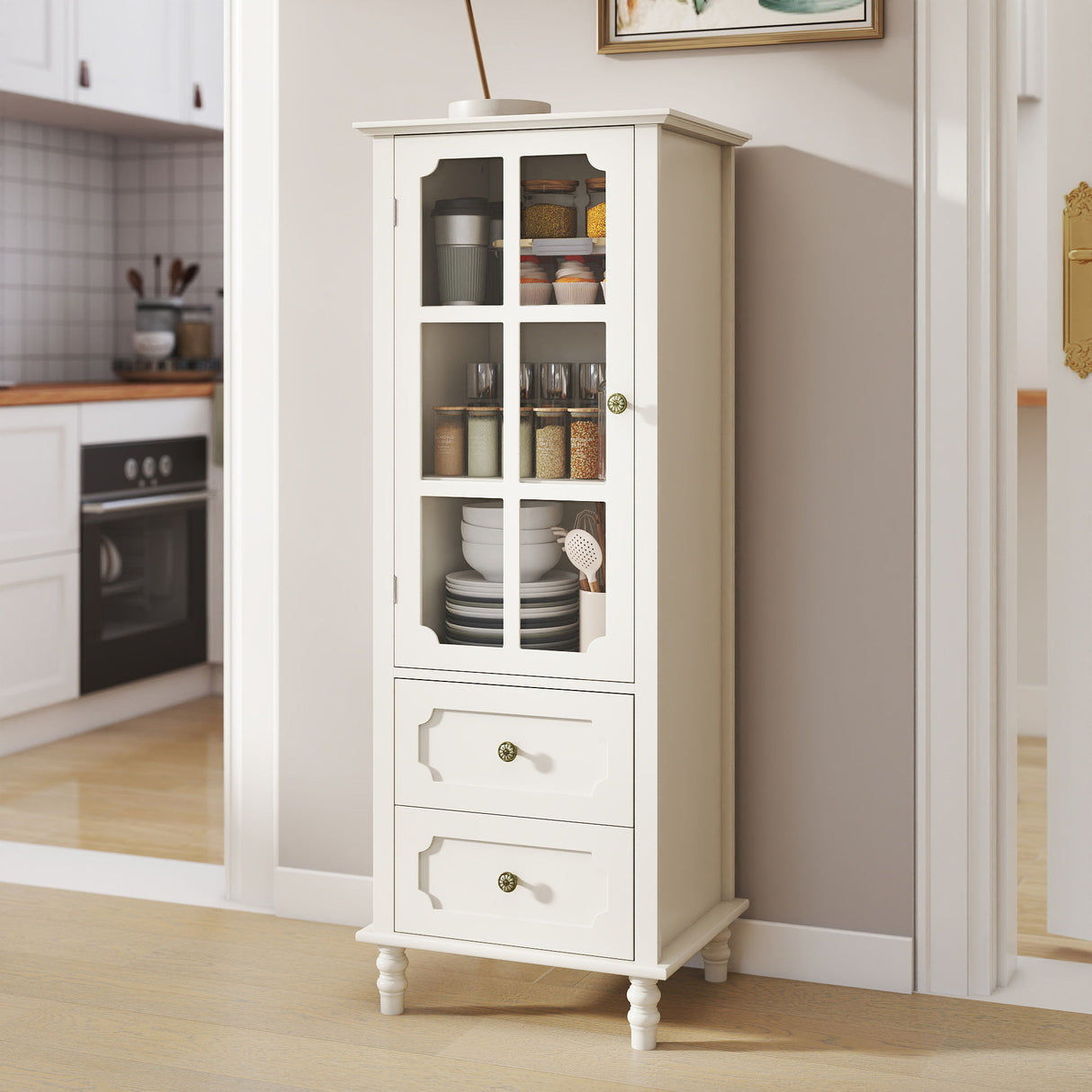 Minimalism Buffet Cabinet With Glass Doors And Double Drawer