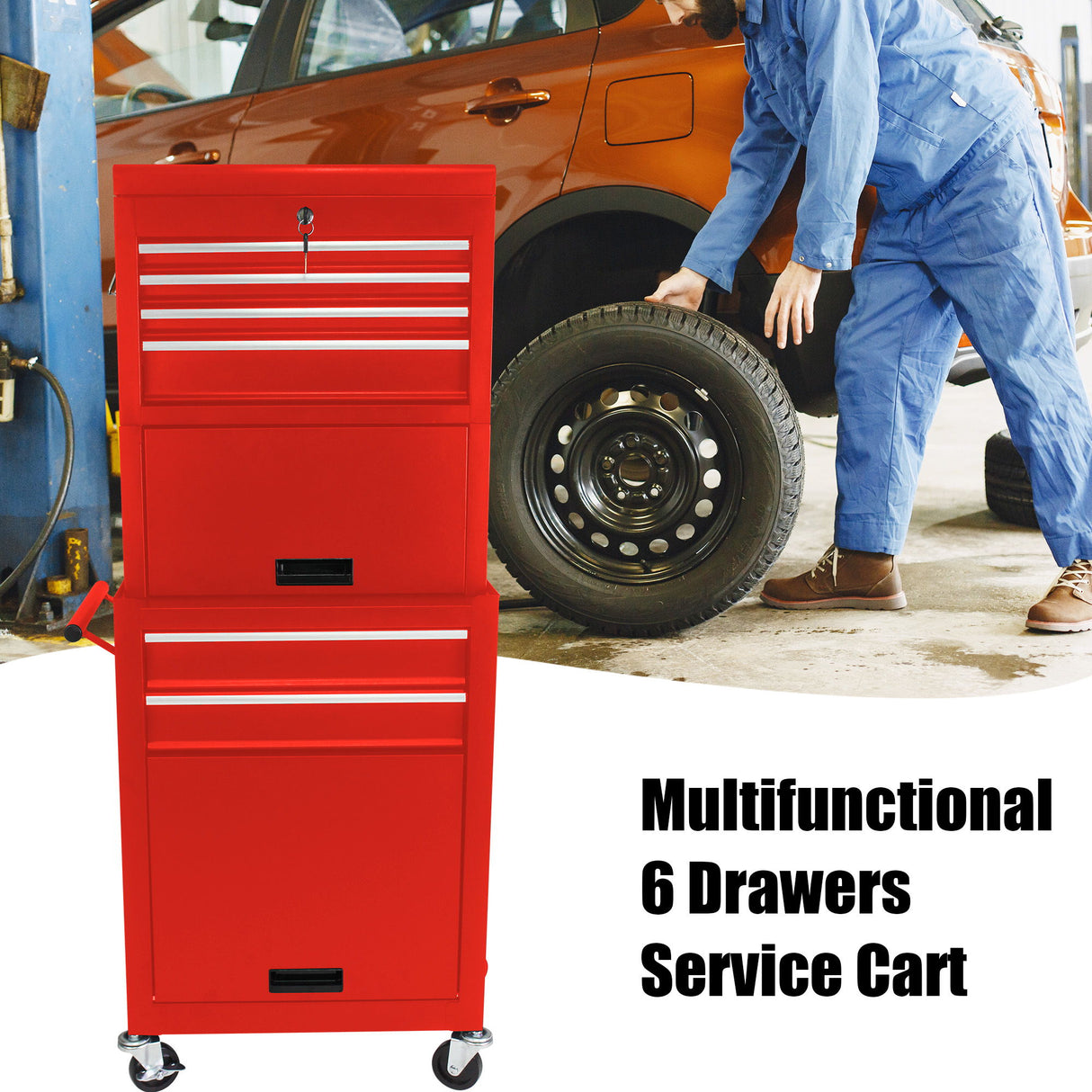 6 Drawer Lockable Tool Cabinet On Wheels, Steel Rolling Tool Chest With Detachable Toolbox
