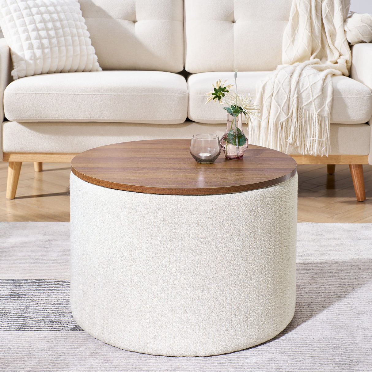 Classic 2 Piece Round Storage Ottoman Set With Drum Shaped Stool