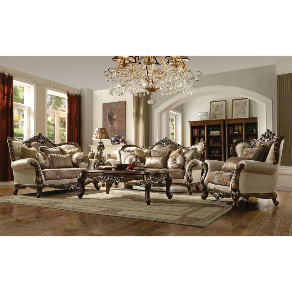 Latisha - Loveseat With 6 Pillows (Same Lv01577) - Tan, Pattern Fabric & Antique Oak
