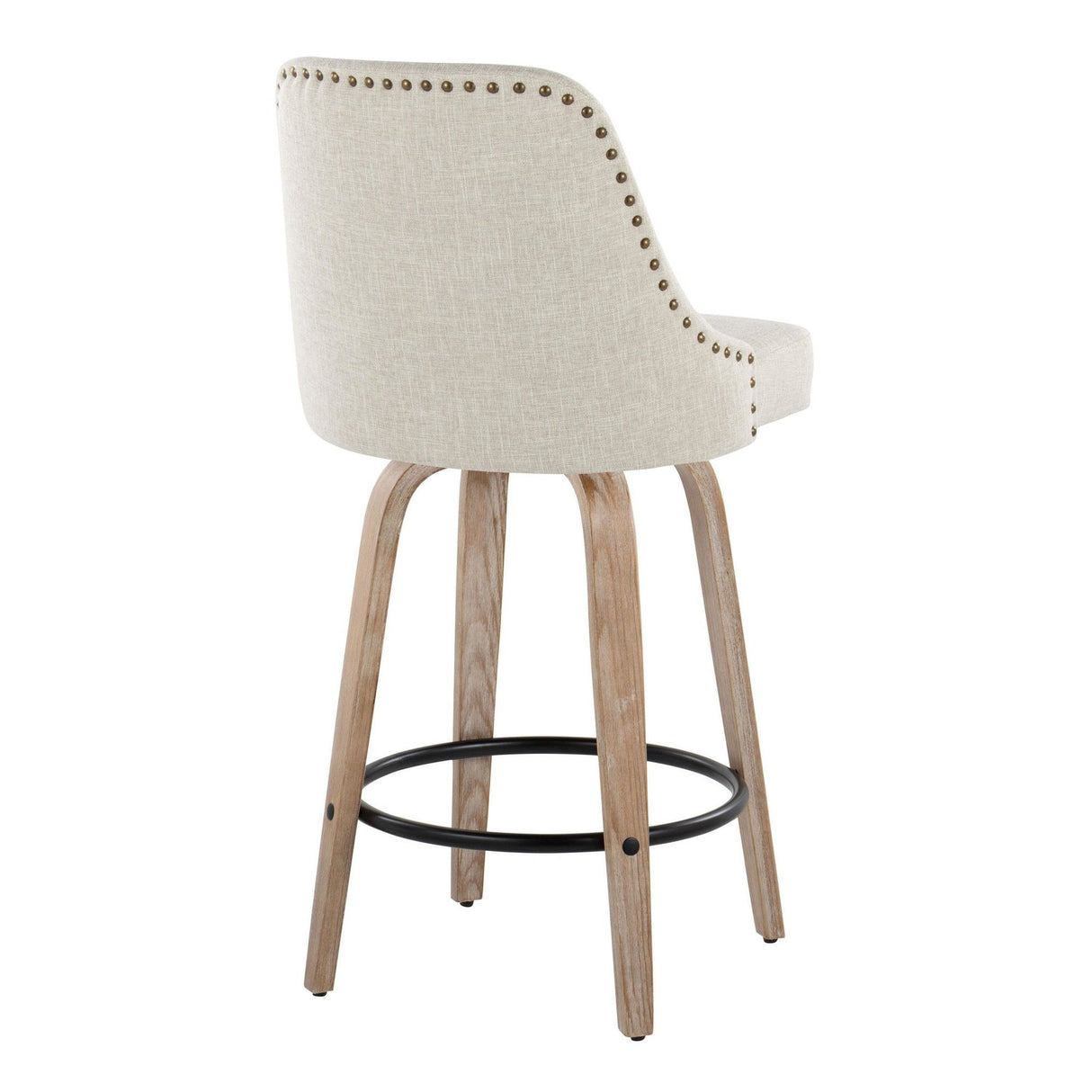 Marcel - 27" Fixed-Height Counter Stool With Swivel And Round Black Metal Footrest (Set of 2) - Whitewashed Wood And Cream Fabric With Brass Nailhead Trim