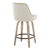 Marcel - 27" Fixed-Height Counter Stool With Swivel And Round Black Metal Footrest (Set of 2) - Whitewashed Wood And Cream Fabric With Brass Nailhead Trim