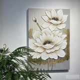 Lotus Flower Canvas Wall Art, Hand Painted Thick Textured Floral Painting With Accents, Neutral Decor For Living Room - Antique White / Gray