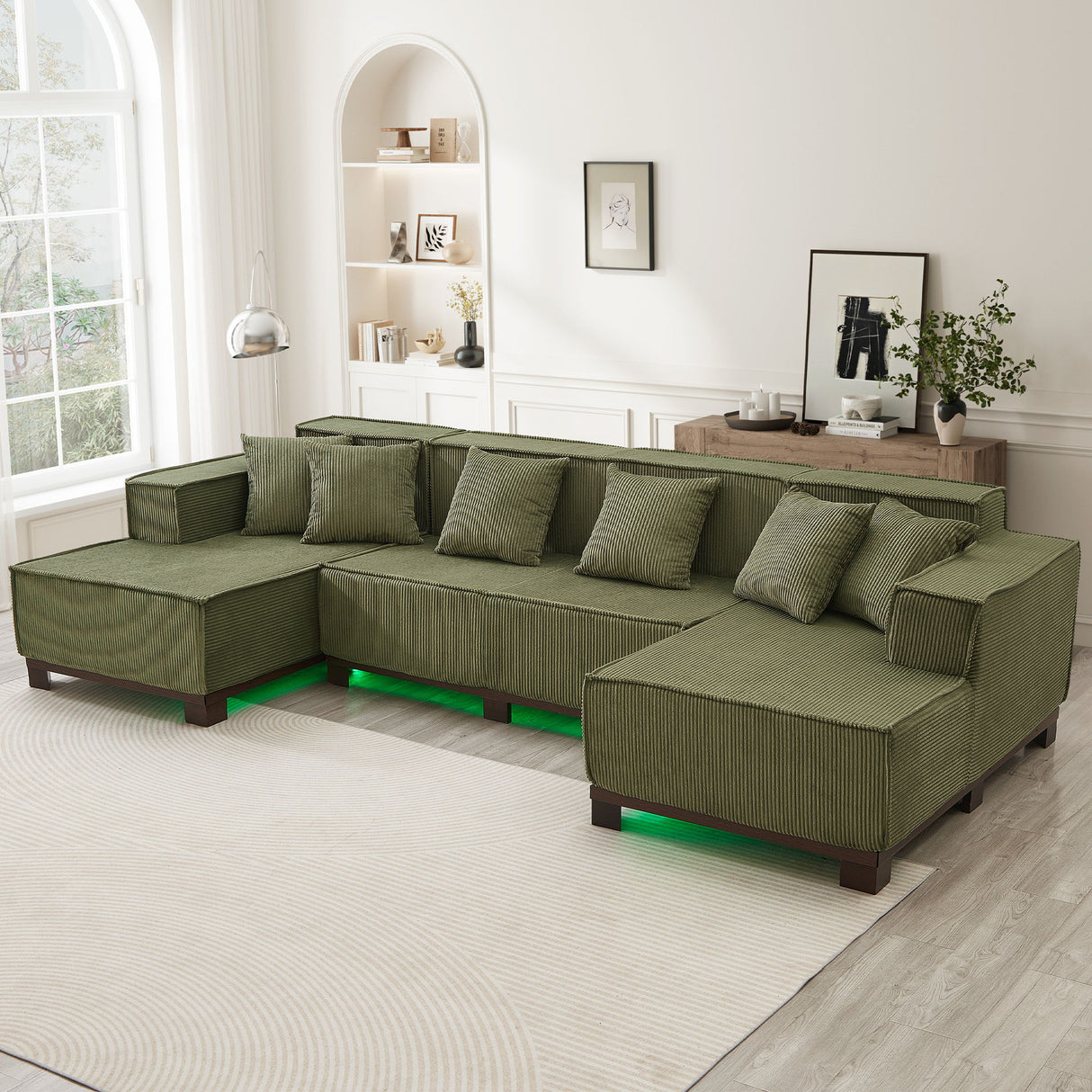 U-Shaped Sectional Sofa With RGB LED Light Strip And 6 Pillows