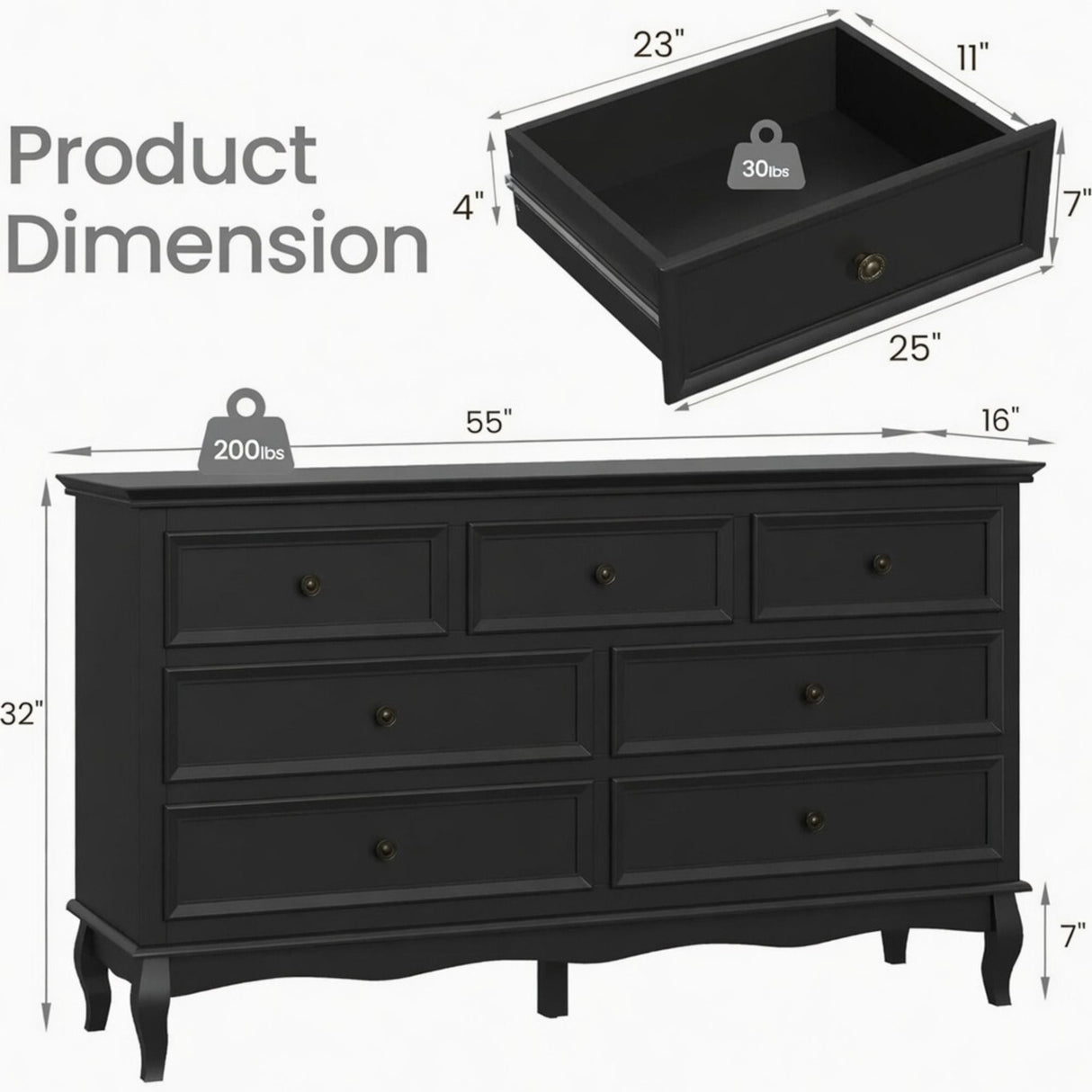 7 Drawer Dresser, Storage Chest - Black