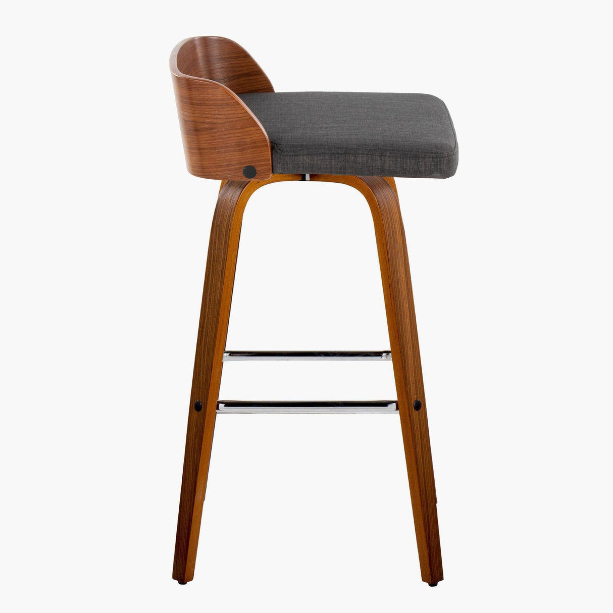 Maya - Mid-Century Modern Fixed-Height Swivel Barstool (Set of 2) - Walnut Wood And Charcoal Fabric With Square Chrome Metal Footrest