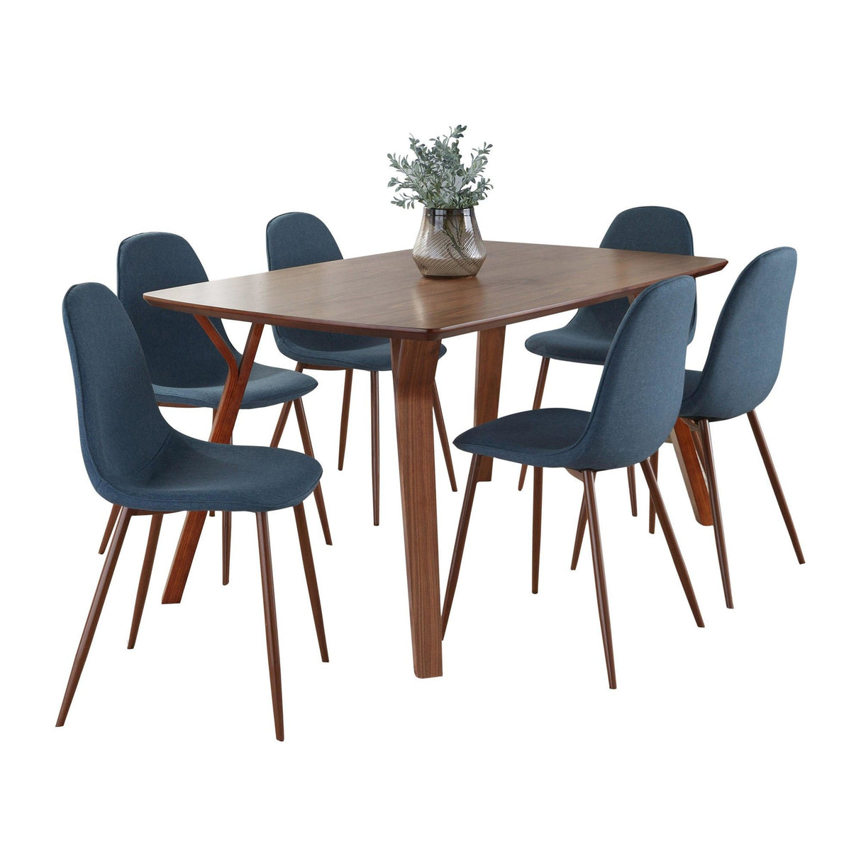 Folia - Pebble Mid-Century Modern 7 Piece Dining Room Set - Walnut Wood, Walnut Metal And Blue Fabric
