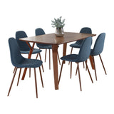 Folia - Pebble Mid-Century Modern 7 Piece Dining Room Set - Walnut Wood, Walnut Metal And Blue Fabric