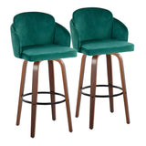 Dahlia - Fixed-Height Barstool (Set of 2) - Walnut Wood, Green Velvet, Black Metal, Gold Metal