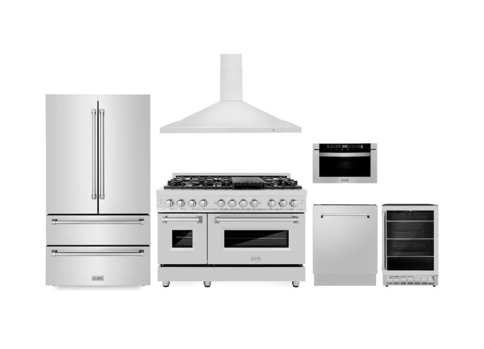 Kitchen Package with Refrigeration, 48" Stainless Steel Dual Fuel Range, 48" Range Hood, Microwave Drawer, 24" Tall Tub Dishwasher and Beverage Fridge - (6KPRRARH48MWDWVRBV) -