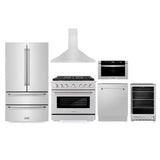 Kitchen Package with Refrigerator, 36 in. Stainless Steel Gas Range, 36 in. Range Hood, Microwave Drawer, 24 in. Tall Tub Dishwasher and Beverage Fridge - (6KPRSGRRH36MWDWVRBV) -