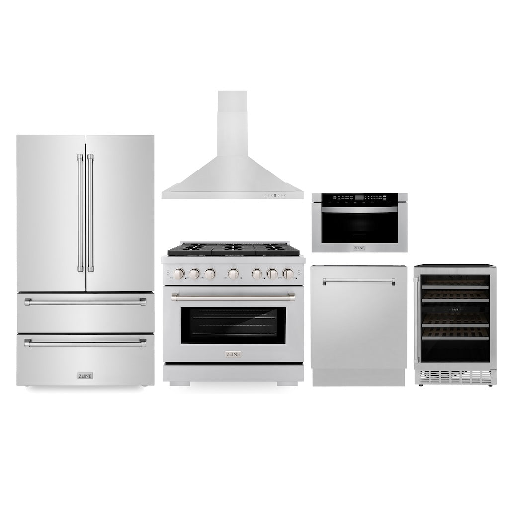 Kitchen Package with Refrigerator, 36 in. Stainless Steel Gas Range, 36 in. Range Hood, Microwave Drawer, 24 in. Tall Tub Dishwasher and Wine Cooler - (6KPRSGRRH36MWDWVRWV) -