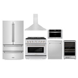 Kitchen Package with Refrigerator, 36 in. Stainless Steel Gas Range, 36 in. Range Hood, Microwave Drawer, 24 in. Tall Tub Dishwasher and Wine Cooler - (6KPRSGRRH36MWDWVRWV) -