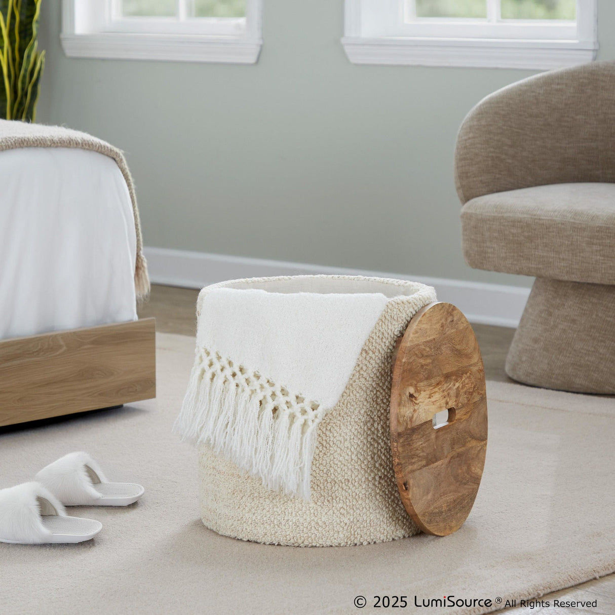 Tahoe - Wood Ottoman - Beige Wool, Mango Wood