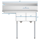 43 in. Two Compartment Stainless Steel Commercial Sink with Drainboard, Bowl Size 12"x 16"x 10" SB121610-16L3.
