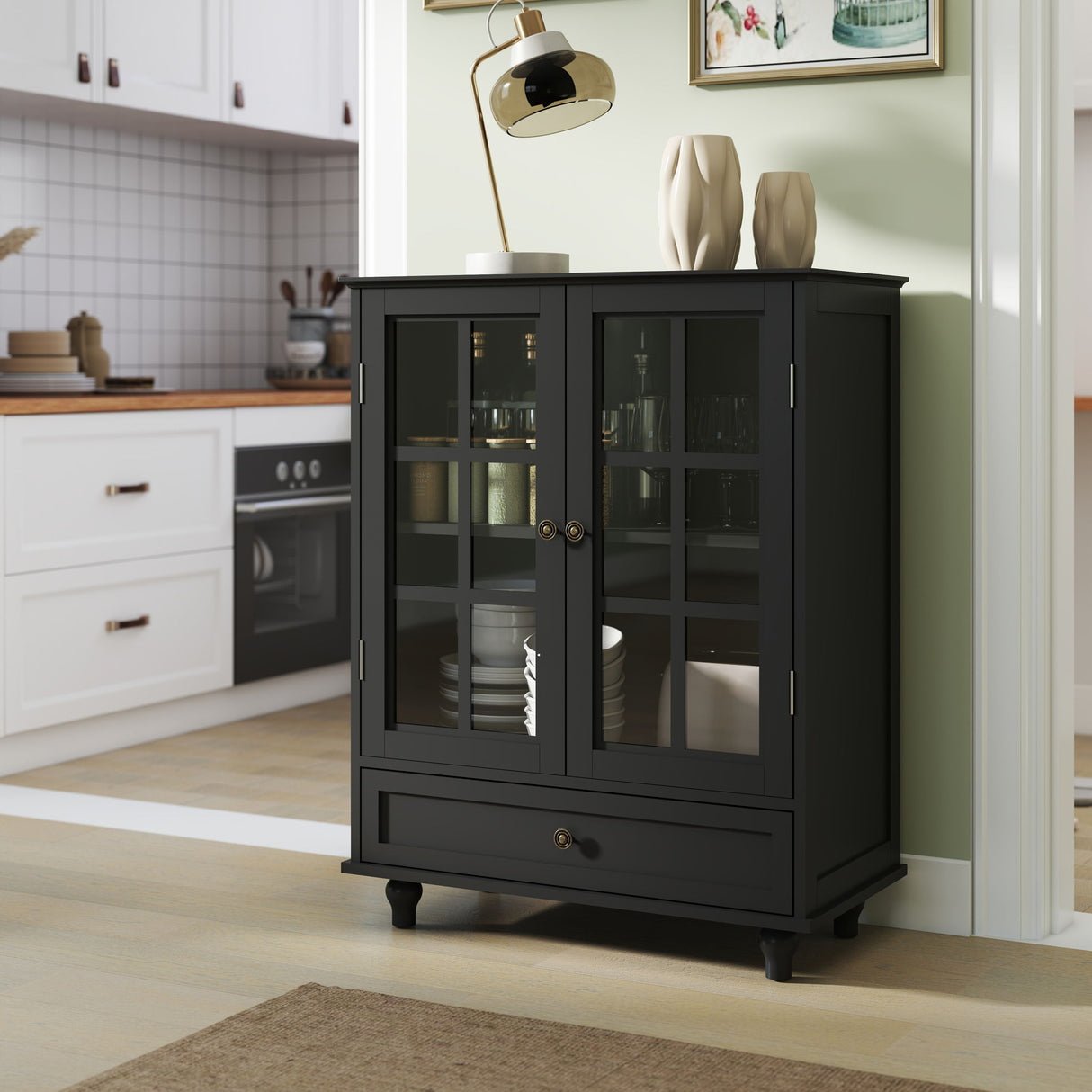 Minimalist Buffet Cabinet With Double Glass Doors And Drawer