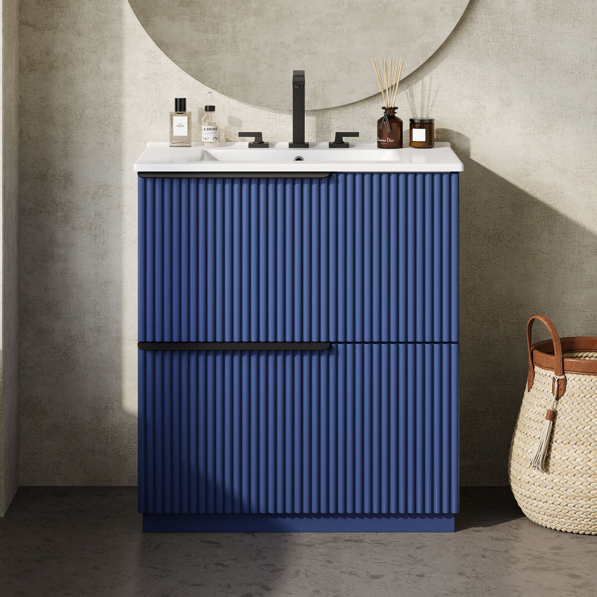 Fluted Bathroom Vanity With Ceramic Sink, Freestanding Cabinet