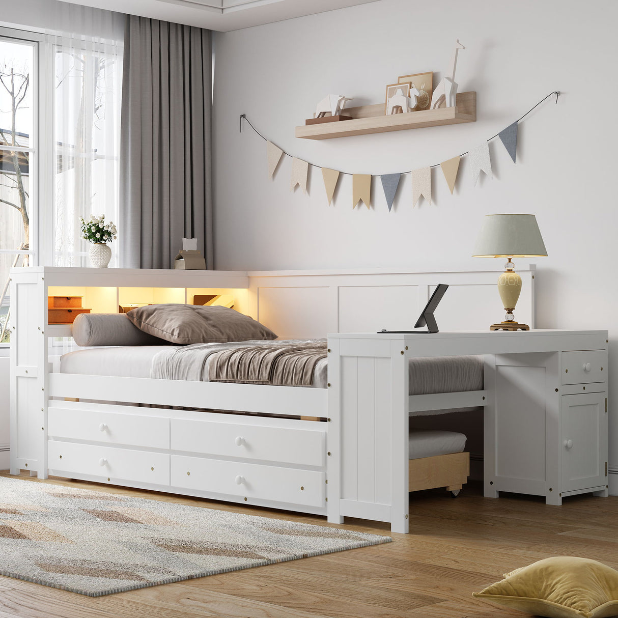 Daybed With Storage Shelves, Drawers, Trundle, Charging Station, LED Light, Desk And Cabinet