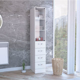 Linen Cabinet, 3 Shelves, 4 Drawers And Metal Handles - White