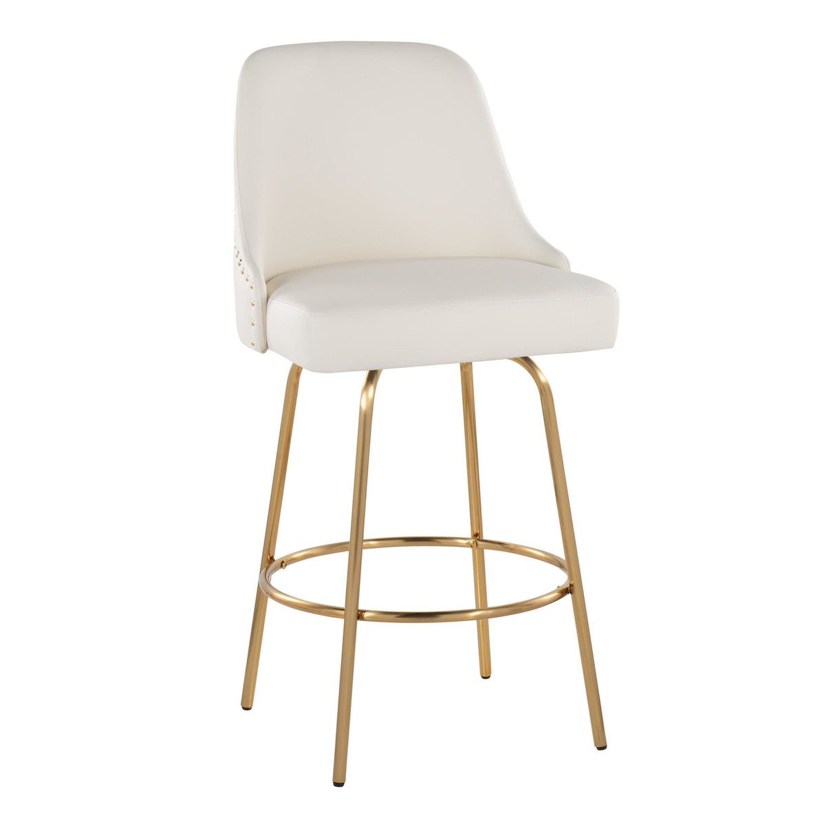 Marcel - 27" Fixed-Height Counter Stool With Swivel And Round Gold Metal Footrest (Set of 2) - Gold Metal And White Faux Leather With Gold Nailhead Trim