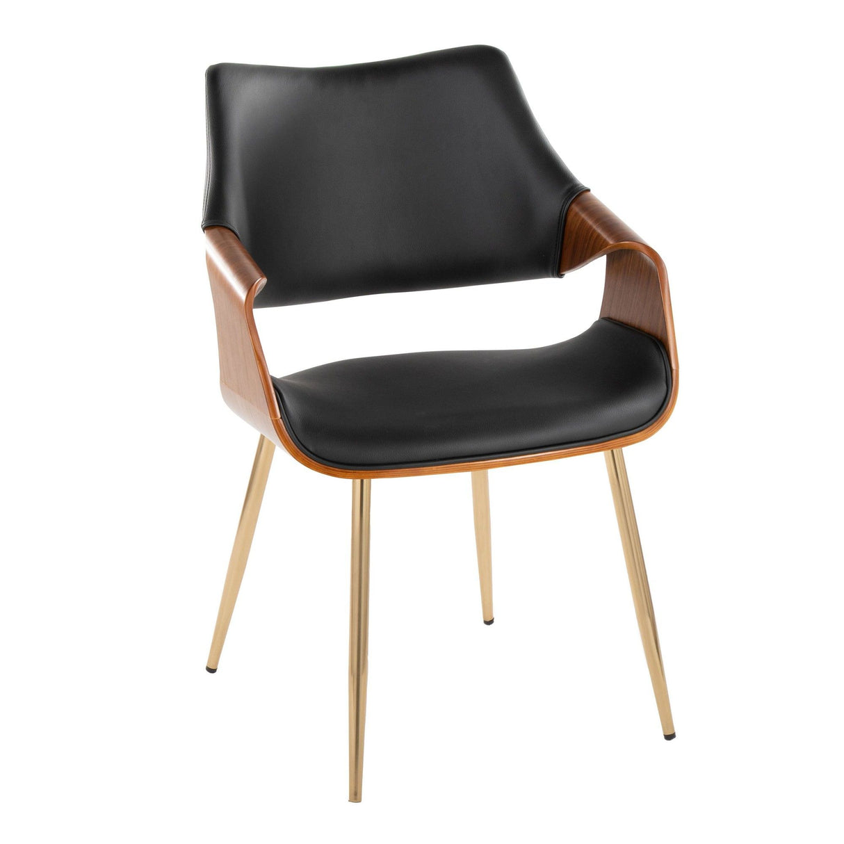 Curvo - High Back Chair (Set of 2) - Gold Metal, Walnut Wood, Black Faux Leather